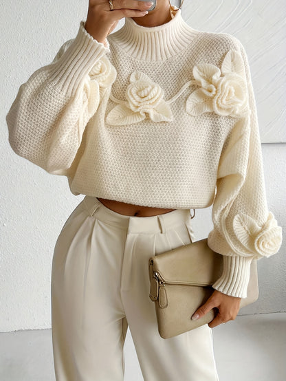 Elegant Floral Turtleneck Sweater for Women - Long Sleeve, Polyester Knit, Perfect for Fall/Winter