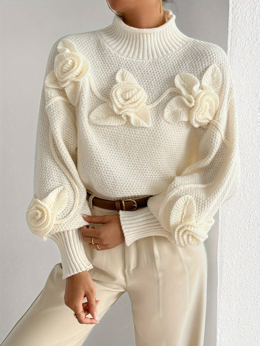 Elegant Floral Turtleneck Sweater for Women - Long Sleeve, Polyester Knit, Perfect for Fall/Winter