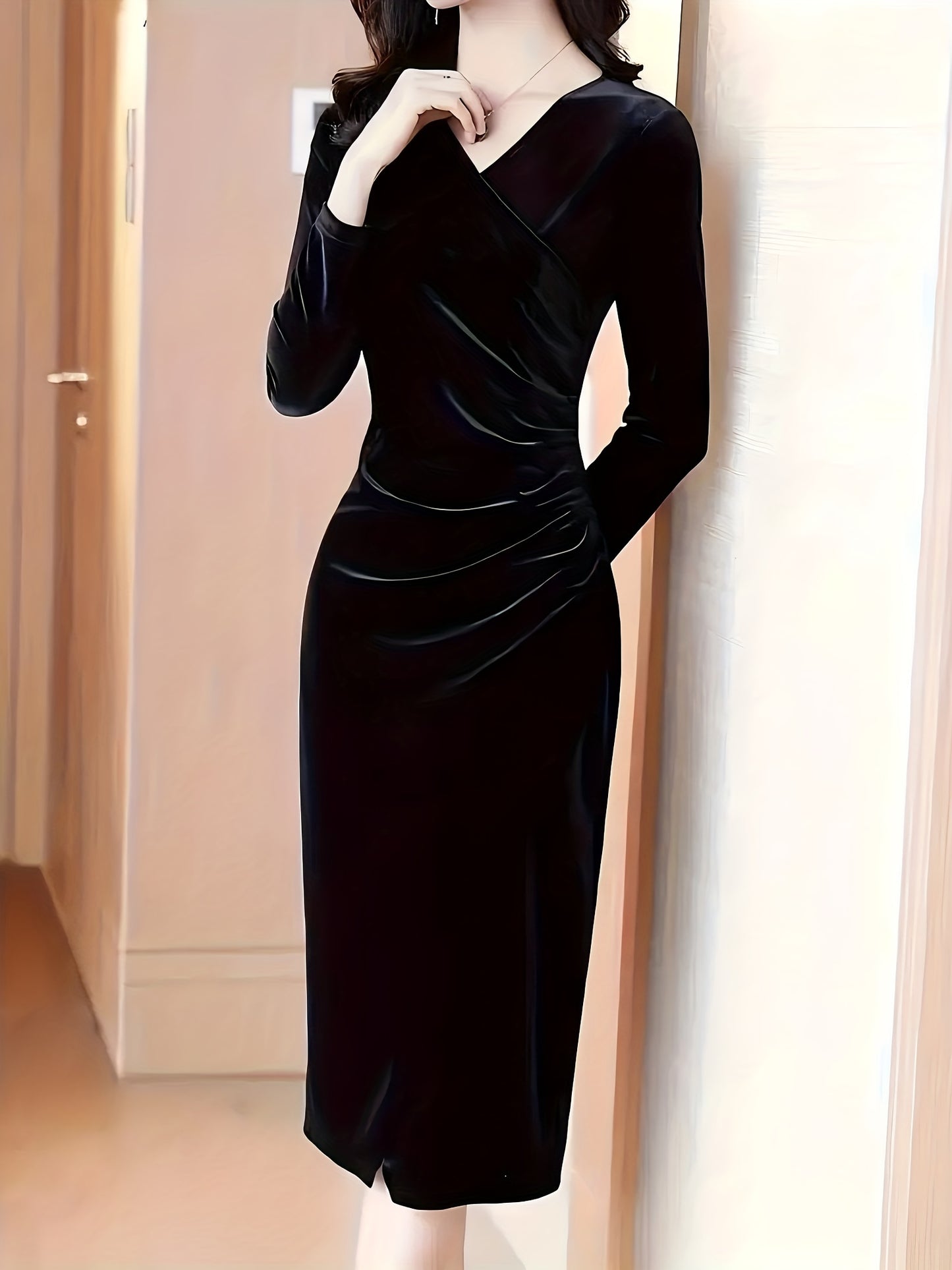 Elegant Velvet Wrap Dress for Women-Long Sleeves ,Neckline with Side Slit, Machine Washable