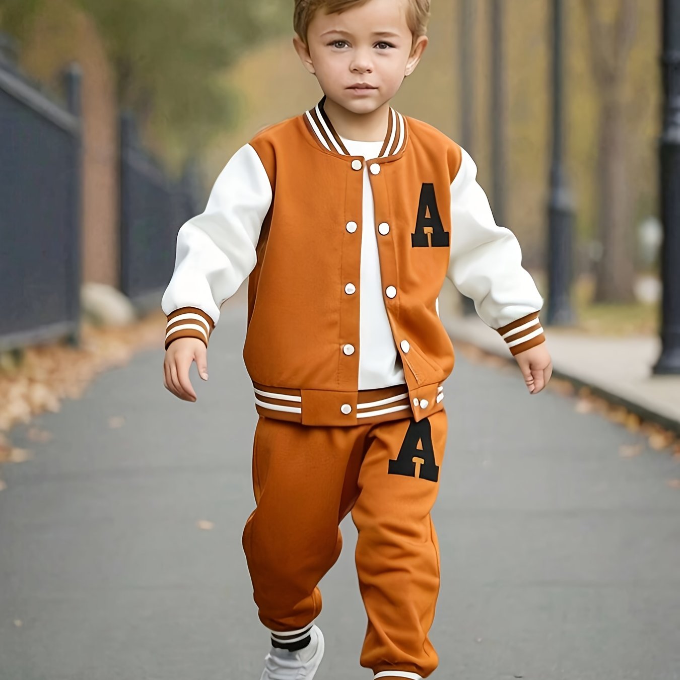 2pcs Boys' Casual Polyester Varsity Jacket and Joggers Set, Crew Neck, Slight Stretch Fabric