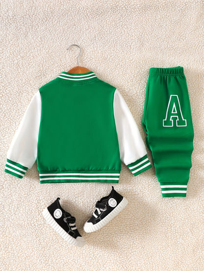 2pcs Boys' Casual Polyester Varsity Jacket and Joggers Set, Crew Neck, Slight Stretch Fabric