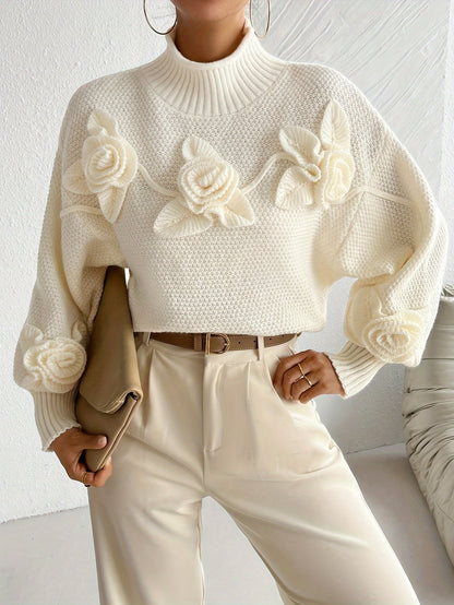 Elegant Floral Turtleneck Sweater for Women - Long Sleeve, Polyester Knit, Perfect for Fall/Winter