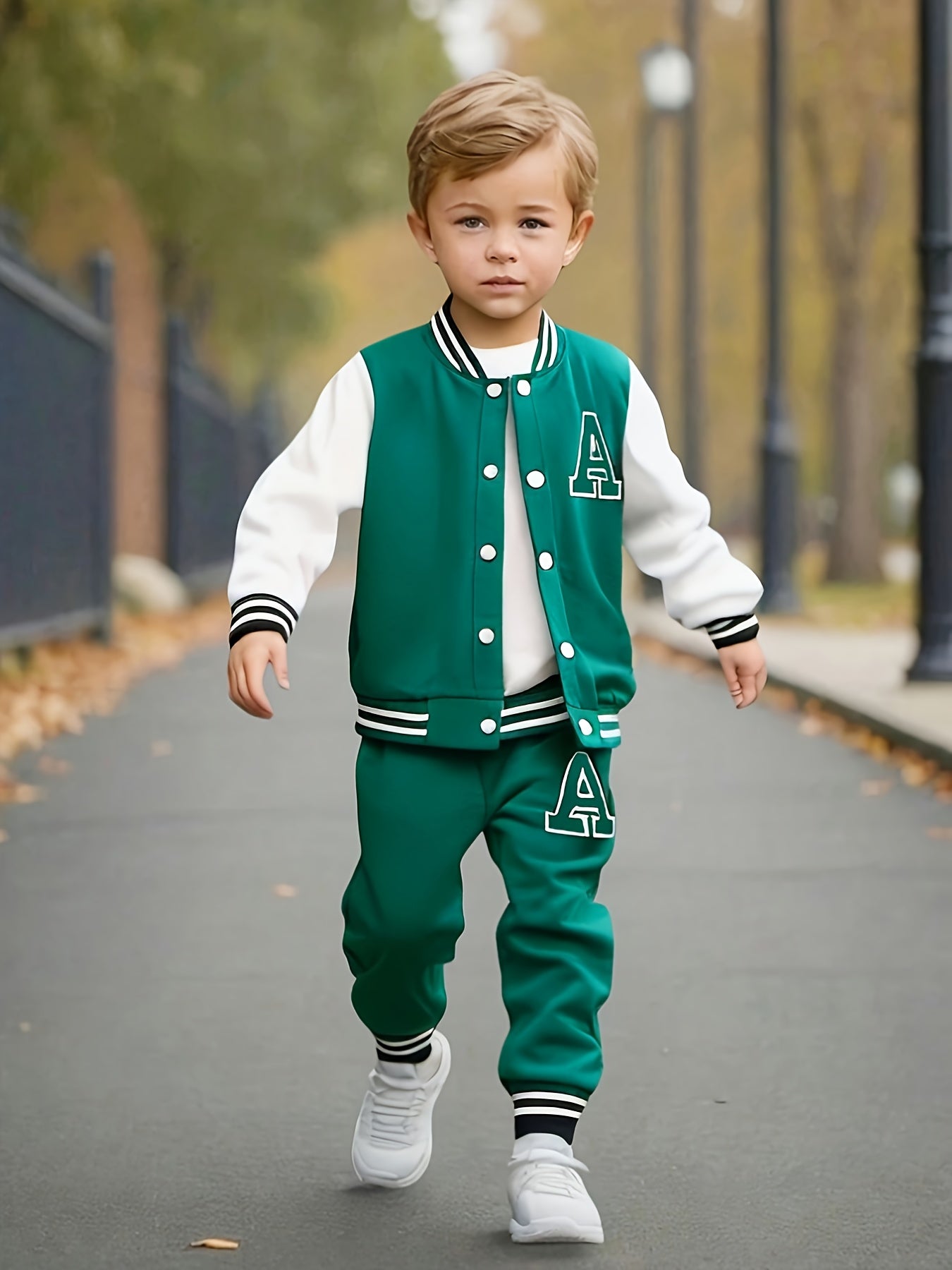 2pcs Boys' Casual Polyester Varsity Jacket and Joggers Set, Crew Neck, Slight Stretch Fabric