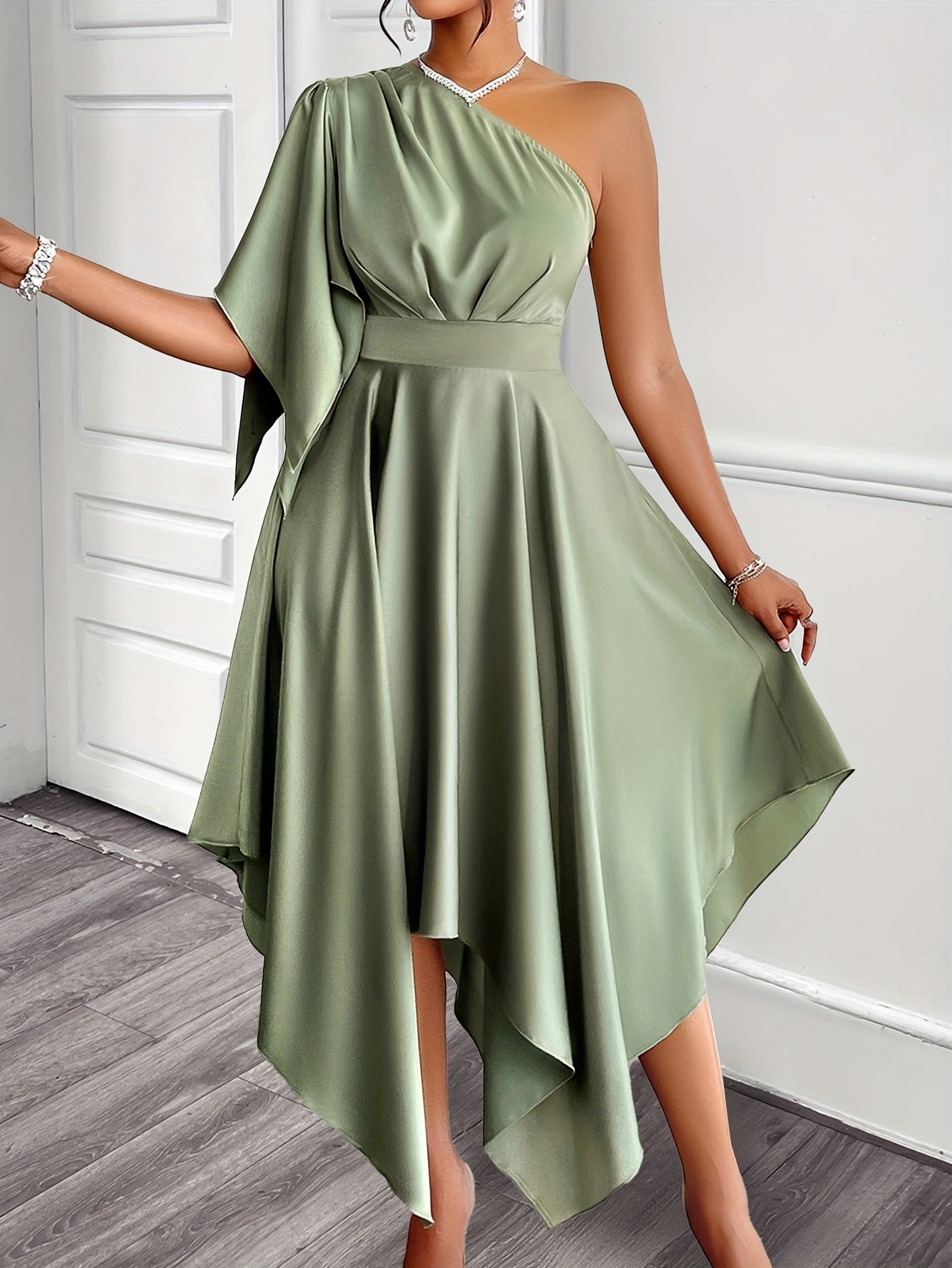 Elegant Asymmetrical One-Should Peplum Dress for Women, crafted from polyester satin, featuring a high-low midi length and ruffle sleeve detail