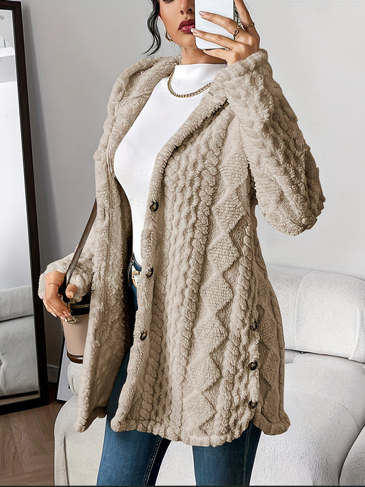 Women's button Front Hoodie Teddy Coat, Casual Long Sleeve Textured Fluffy Coat For Fall & Winter