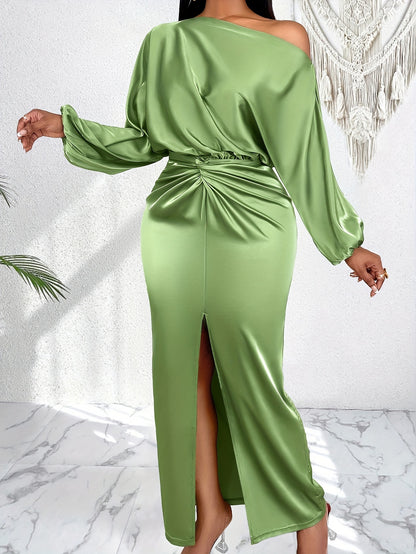 An elegant women's long-sleeve satin dress featuring a twist detail, an asymmetrical shoulder, and a high slit in a solid color.