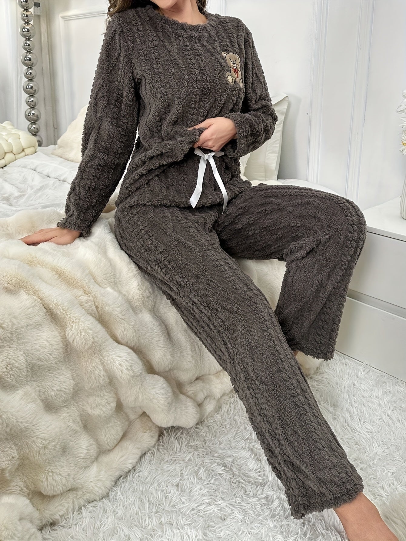 Cozy Coral Fleece Pajama Set for Women - Cute Bear Embroidery, Long Sleeve & Pants, Round Neck Top