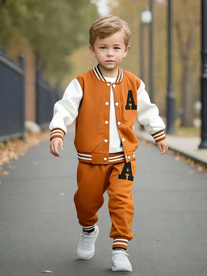 2pcs Boys' Casual Polyester Varsity Jacket and Joggers Set, Crew Neck, Slight Stretch Fabric