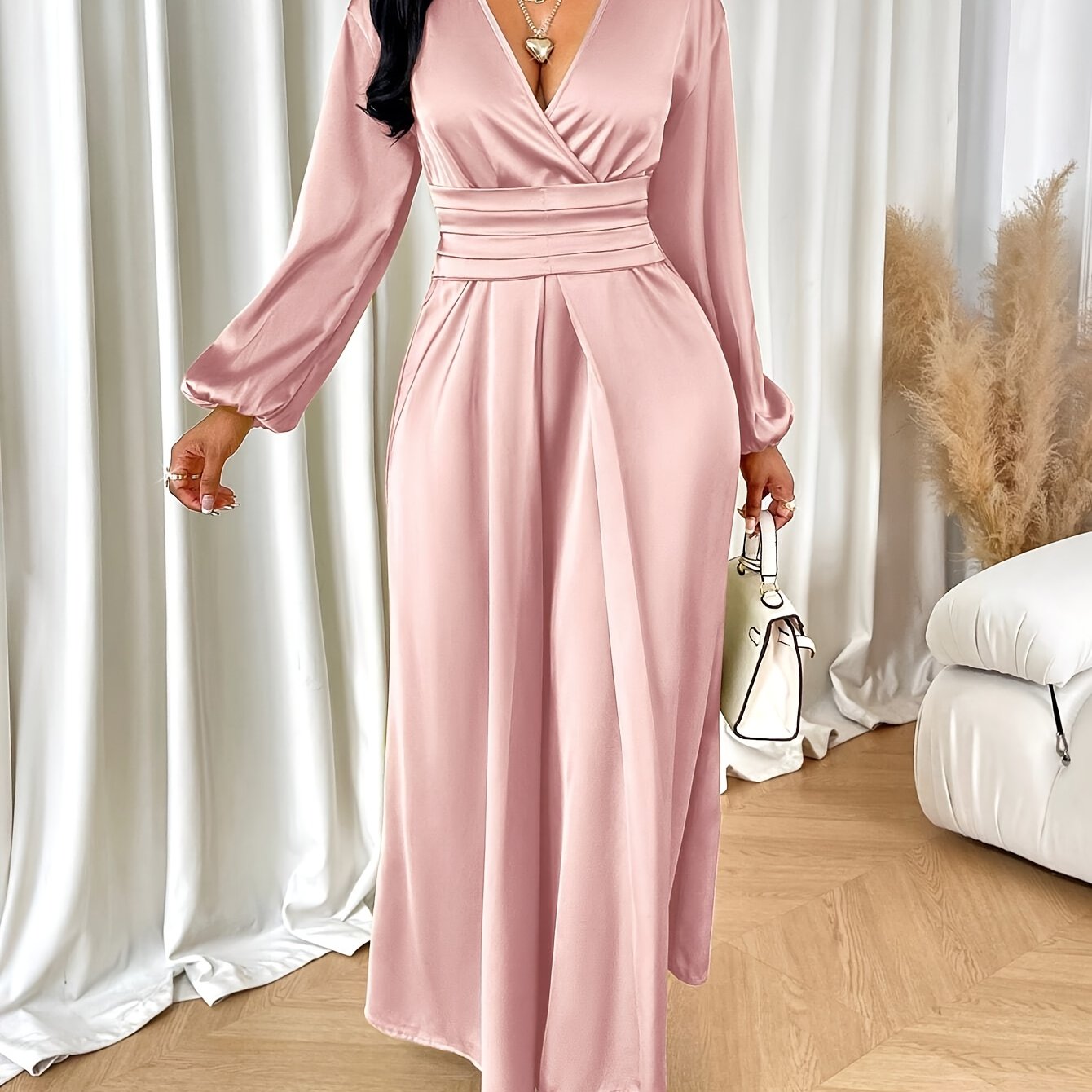 Elegant Satin Maxi Dress for Women - Features a Deep V-Neck, Lantern Sleeves, a Solid Color Design, and Ruched Detailing.