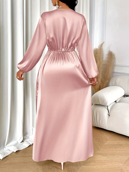 Elegant Satin Maxi Dress for Women - Features a Deep V-Neck, Lantern Sleeves, a Solid Color Design, and Ruched Detailing.