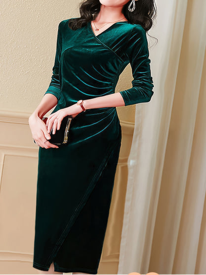 Elegant Velvet Wrap Dress for Women-Long Sleeves ,Neckline with Side Slit, Machine Washable