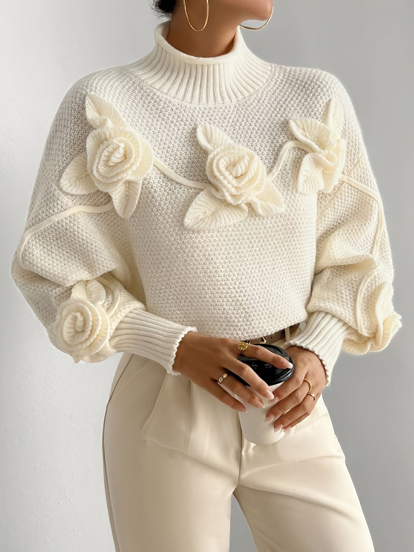 Elegant Floral Turtleneck Sweater for Women - Long Sleeve, Polyester Knit, Perfect for Fall/Winter