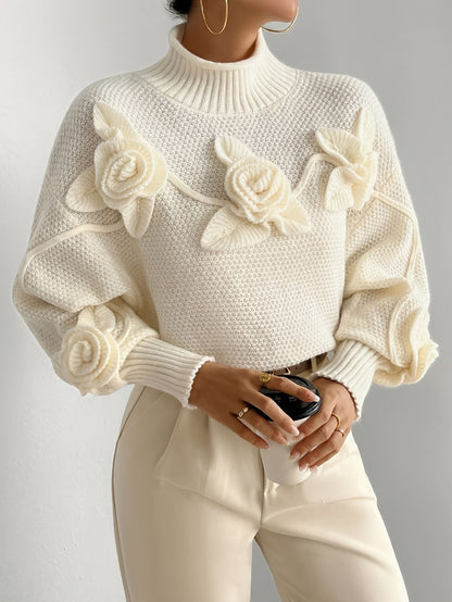 Elegant Floral Turtleneck Sweater for Women - Long Sleeve, Polyester Knit, Perfect for Fall/Winter