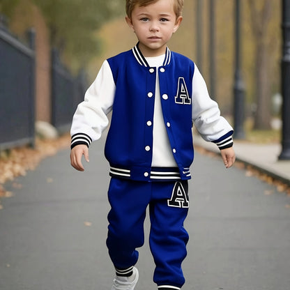 2pcs Boys' Casual Polyester Varsity Jacket and Joggers Set, Crew Neck, Slight Stretch Fabric