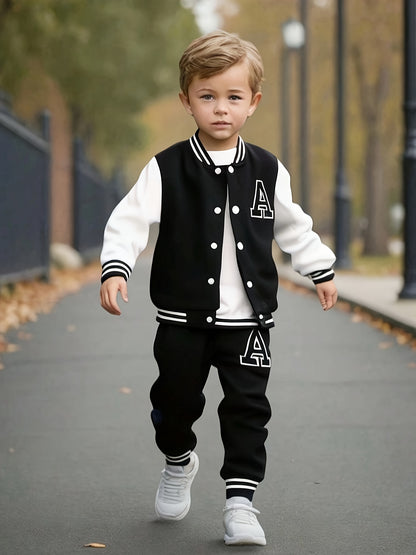 2pcs Boys' Casual Polyester Varsity Jacket and Joggers Set, Crew Neck, Slight Stretch Fabric