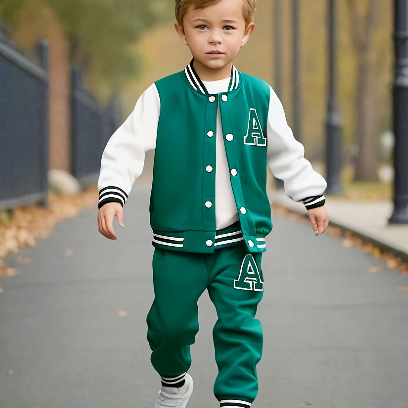 2pcs Boys' Casual Polyester Varsity Jacket and Joggers Set, Crew Neck, Slight Stretch Fabric