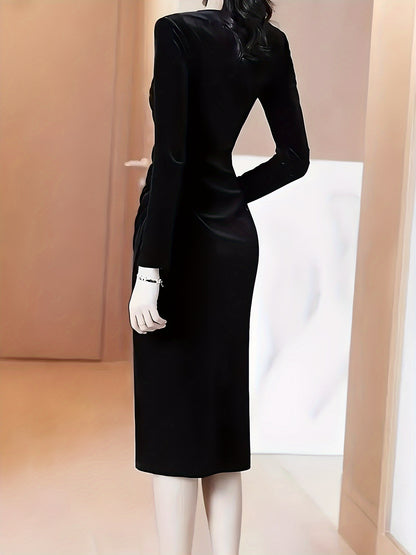 Elegant Velvet Wrap Dress for Women-Long Sleeves ,Neckline with Side Slit, Machine Washable