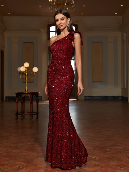 Women's Sequin One-Shoulder Dress: An Elegant Sleeveless Dress with a Fish Tale Hem for Parties, Banquets.