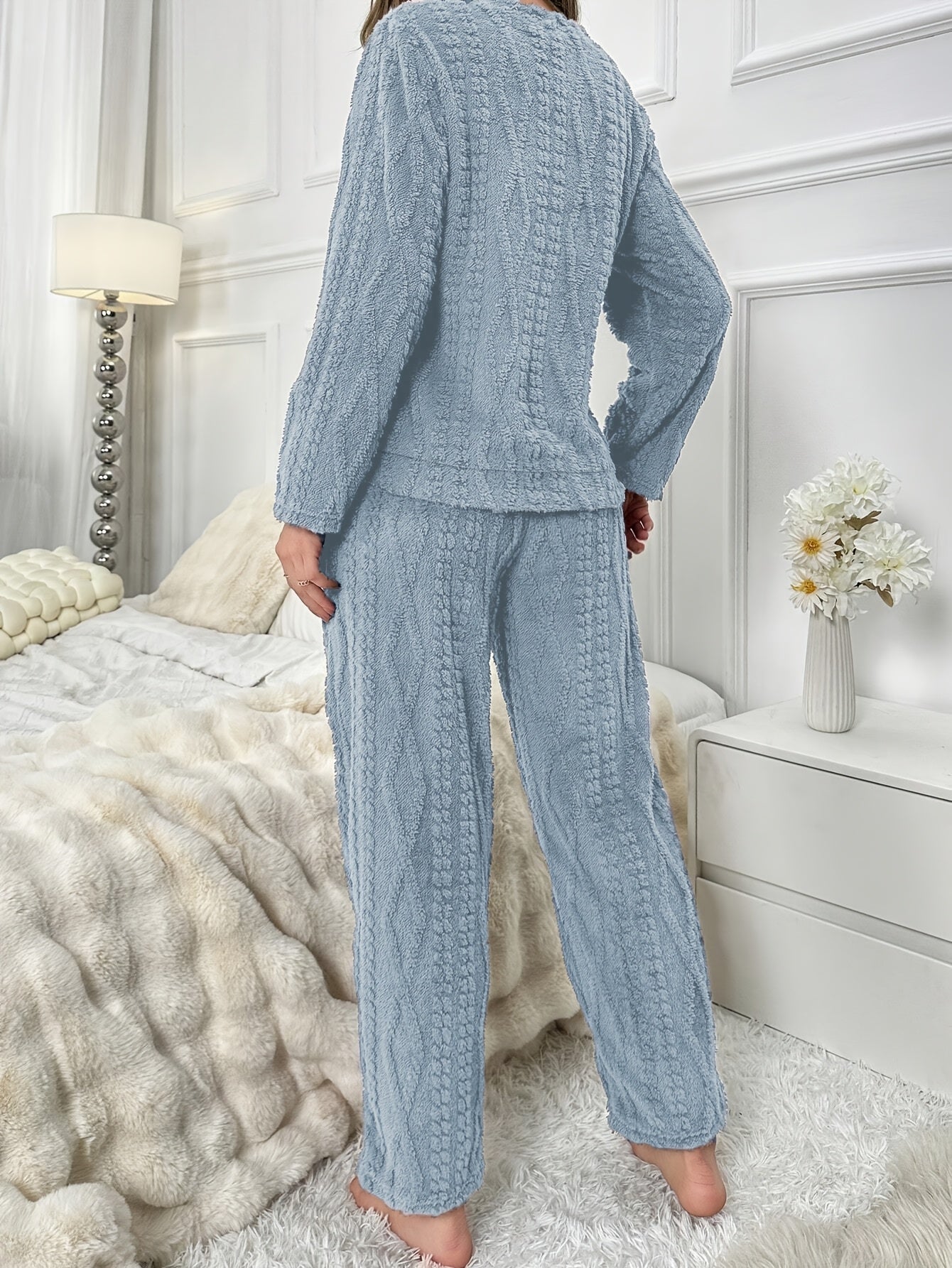 Cozy Coral Fleece Pajama Set for Women - Cute Bear Embroidery, Long Sleeve & Pants, Round Neck Top