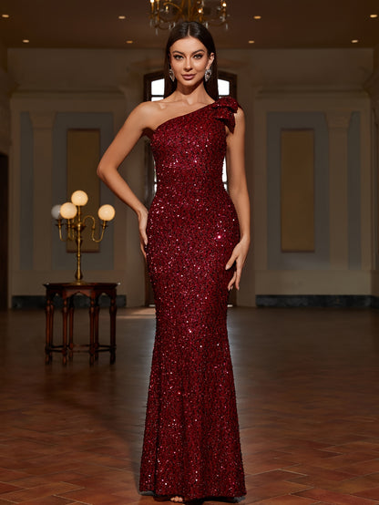 Women's Sequin One-Shoulder Dress: An Elegant Sleeveless Dress with a Fish Tale Hem for Parties, Banquets.