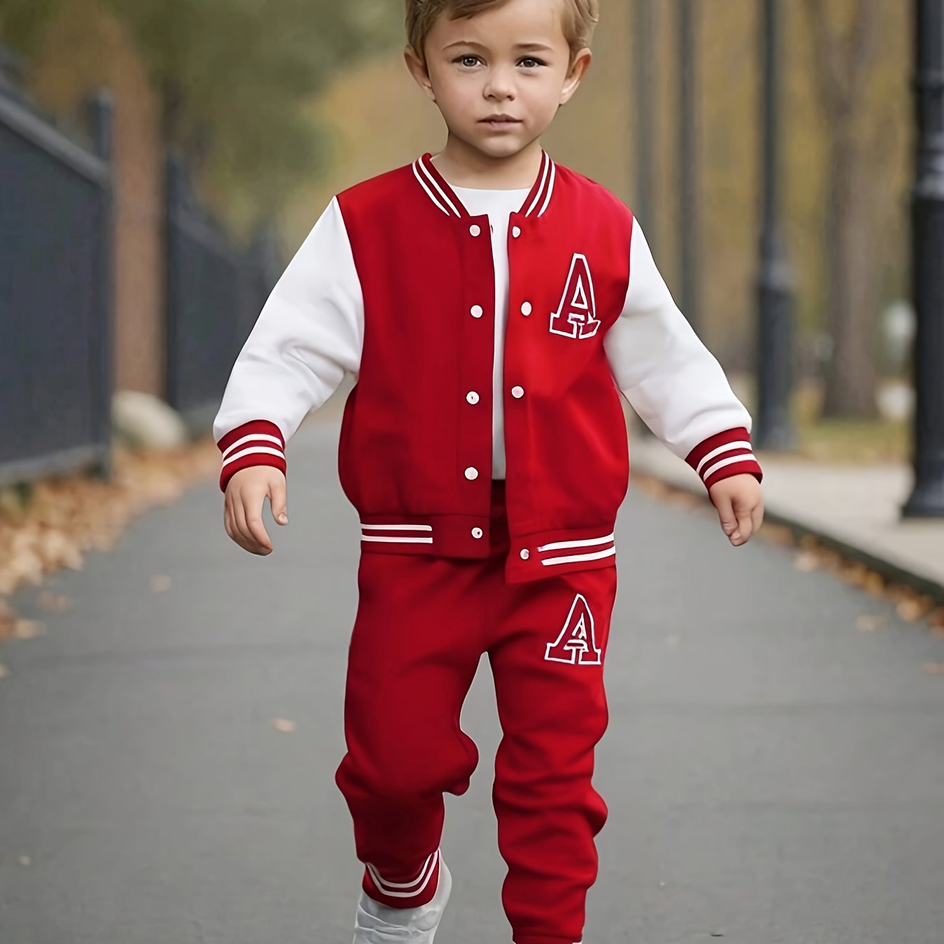 2pcs Boys' Casual Polyester Varsity Jacket and Joggers Set, Crew Neck, Slight Stretch Fabric