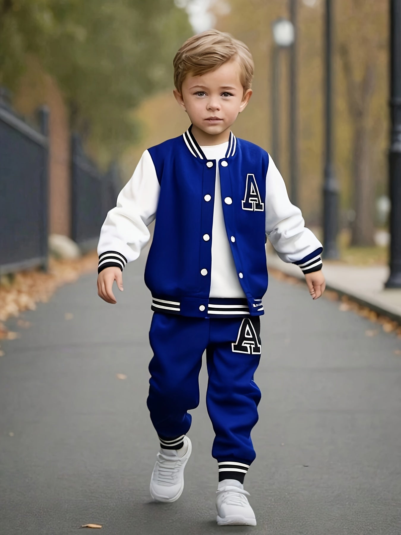 2pcs Boys' Casual Polyester Varsity Jacket and Joggers Set, Crew Neck, Slight Stretch Fabric