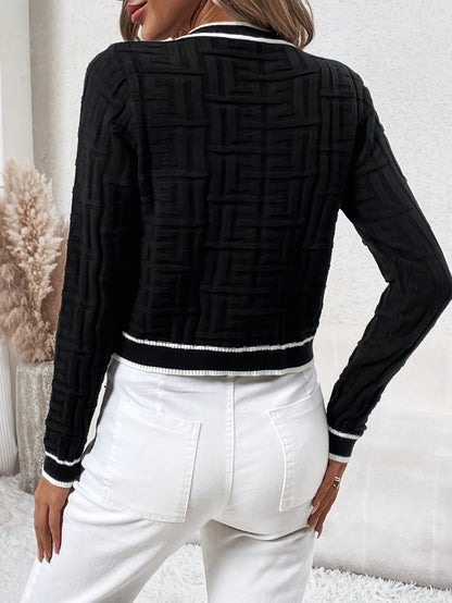 Women's Contrast Trim Button Front Knit Cardigan, Elegant Long Sleeve Slim Crop Cardigan For Spring & Fall