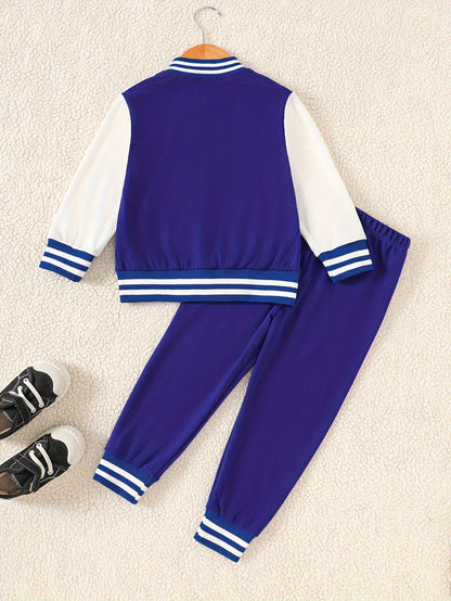 2pcs Boys' Casual Polyester Varsity Jacket and Joggers Set, Crew Neck, Slight Stretch Fabric