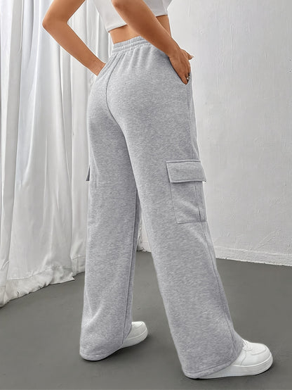 Women's Flap Pockets Straight Leg Sweatpants, Casual Slant Pockets Drawstring Elastic Waist Pants