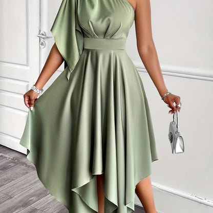 Elegant Asymmetrical One-Should Peplum Dress for Women, crafted from polyester satin, featuring a high-low midi length and ruffle sleeve detail