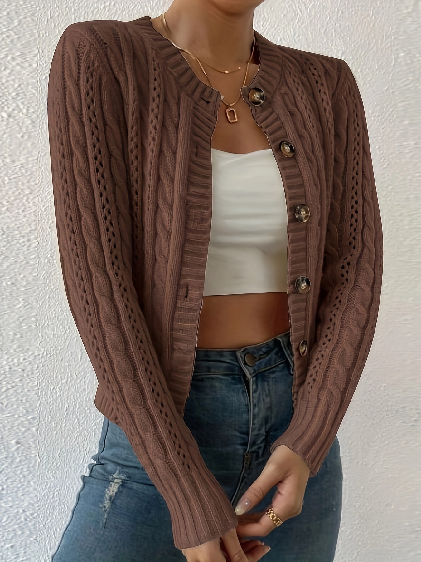 Women's Knit Button Front Cardigan, Elegant Long Sleeve Crew Neck Hollow Out Slim Cardigan For Fall & Winter