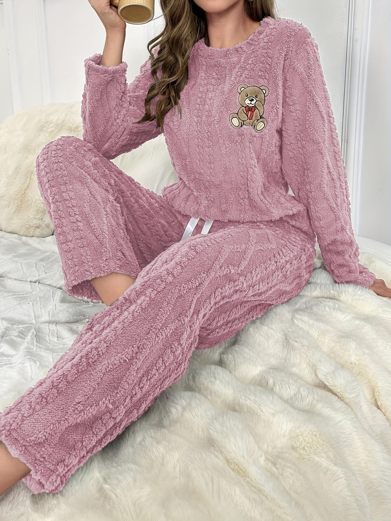 Cozy Coral Fleece Pajama Set for Women - Cute Bear Embroidery, Long Sleeve & Pants, Round Neck Top