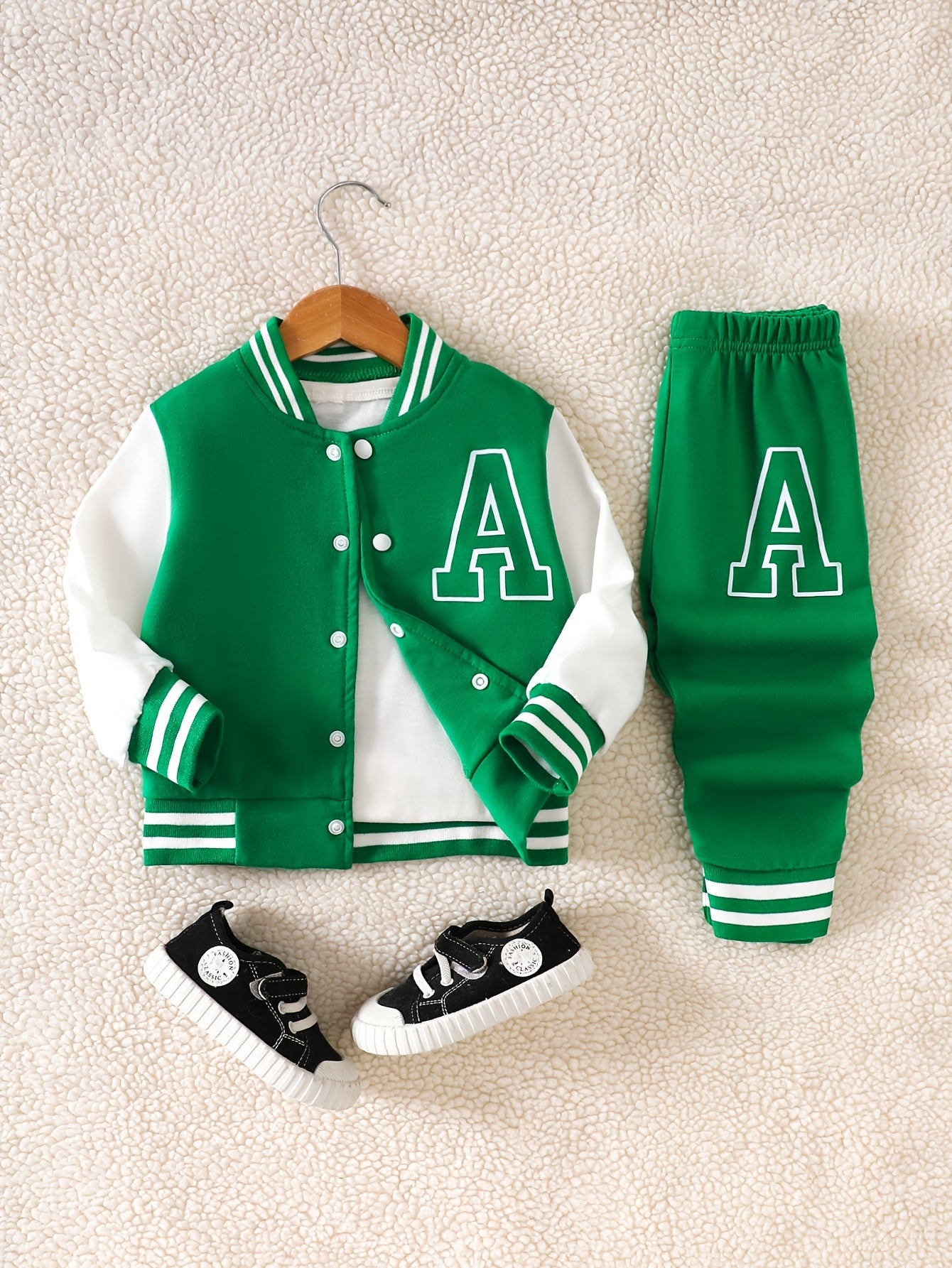 2pcs Boys' Casual Polyester Varsity Jacket and Joggers Set, Crew Neck, Slight Stretch Fabric