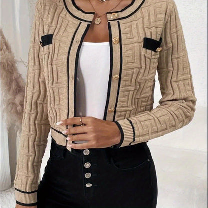 Women's Contrast Trim Button Front Knit Cardigan, Elegant Long Sleeve Slim Crop Cardigan For Spring & Fall