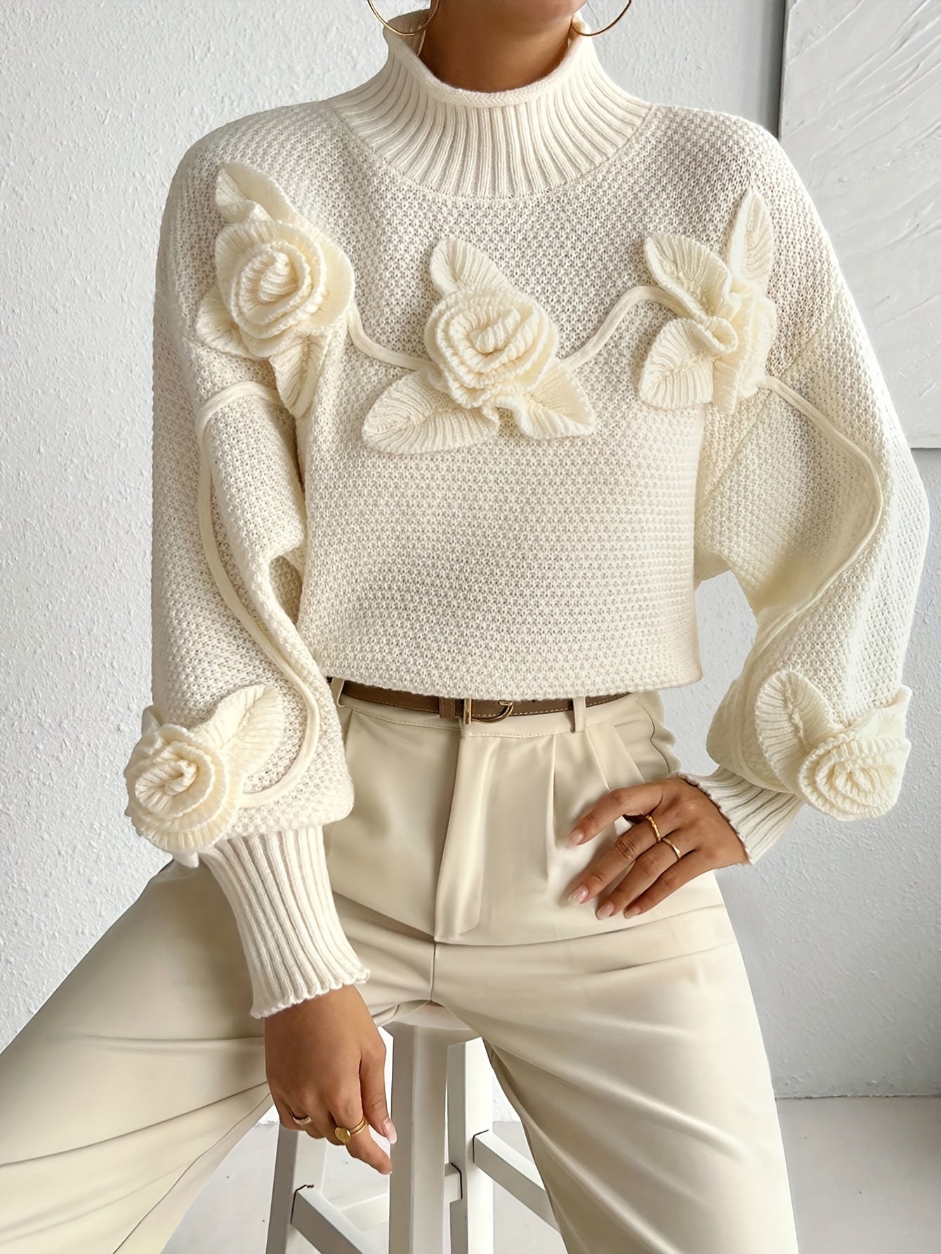 Elegant Floral Turtleneck Sweater for Women - Long Sleeve, Polyester Knit, Perfect for Fall/Winter