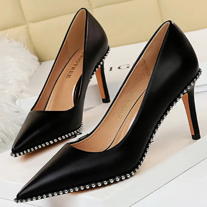 Rivet-Embellished Women's Pumps: New Collection of Stiletto High Heels in PU Leather