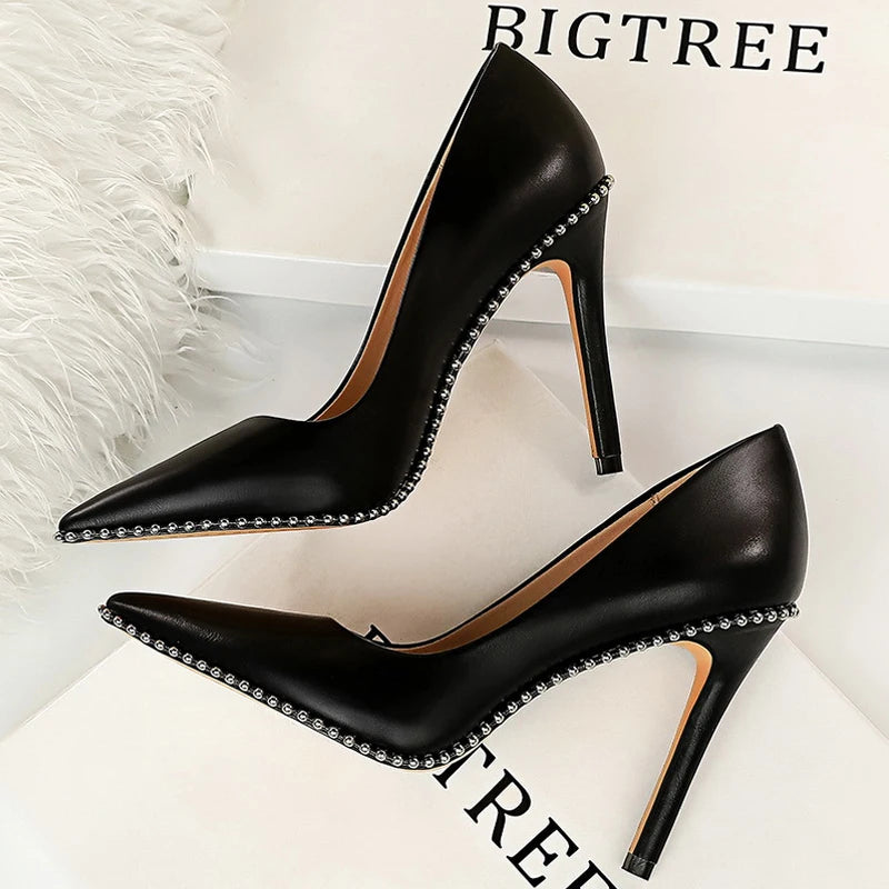 Rivet-Embellished Women's Pumps: New Collection of Stiletto High Heels in PU Leather