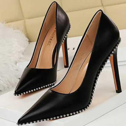 Rivet-Embellished Women's Pumps: New Collection of Stiletto High Heels in PU Leather