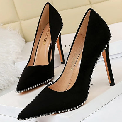 Rivet-Embellished Women's Pumps: New Collection of Stiletto High Heels in PU Leather