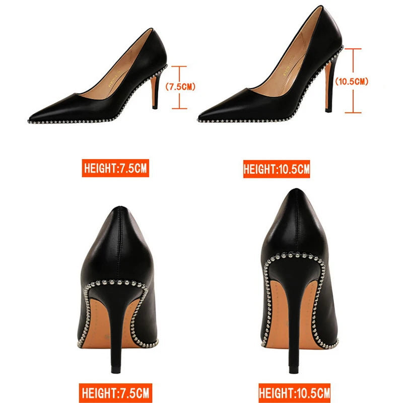 Rivet-Embellished Women's Pumps: New Collection of Stiletto High Heels in PU Leather