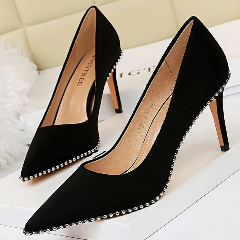 Rivet-Embellished Women's Pumps: New Collection of Stiletto High Heels in PU Leather