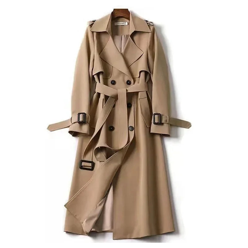 Women Windbreaker With Belt  Medium Length Slim Trench Solid Color  Casual Coats