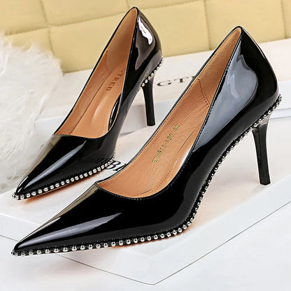 Rivet-Embellished Women's Pumps: New Collection of Stiletto High Heels in PU Leather