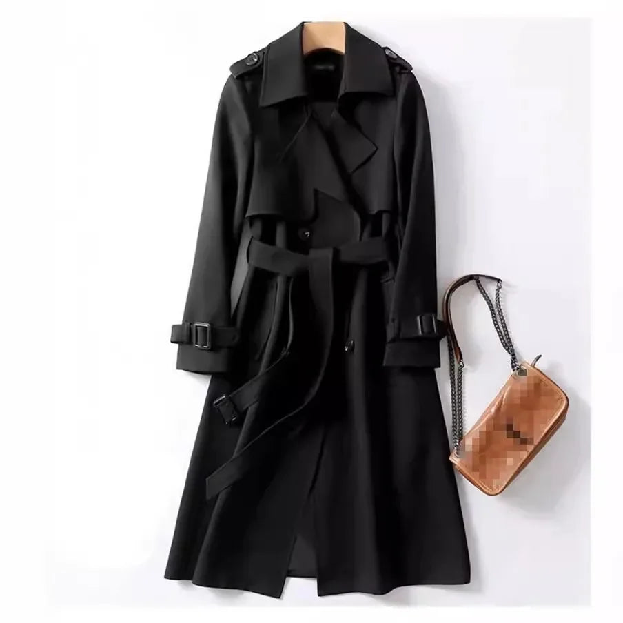 Women Windbreaker With Belt  Medium Length Slim Trench Solid Color  Casual Coats