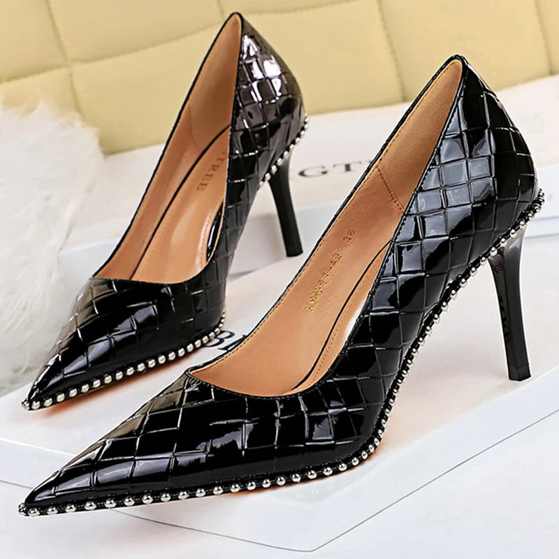 Rivet-Embellished Women's Pumps: New Collection of Stiletto High Heels in PU Leather