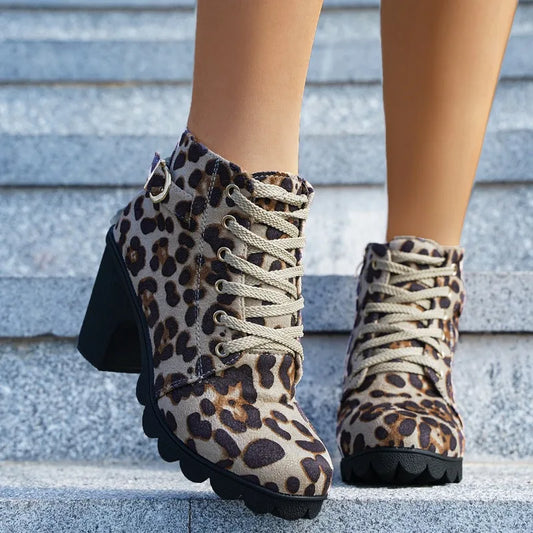 Women's Boots  Plush Warm Leopard Print High Heels  Ankle Boots Comfortable Thick Heels