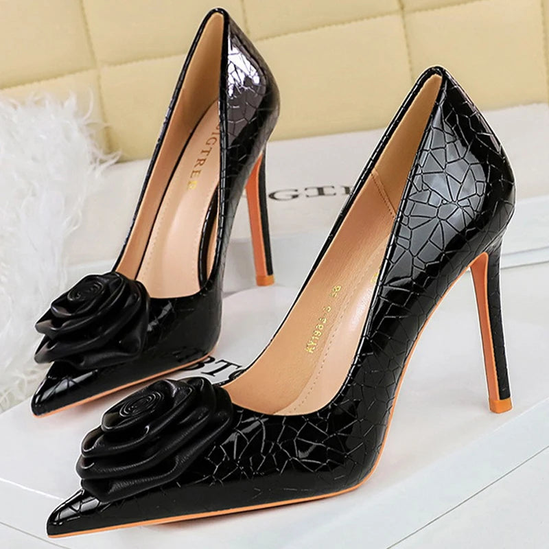 Women's Fashion Pumps: High-Heeled Shoes with Stone Pattern and Rose Decoration