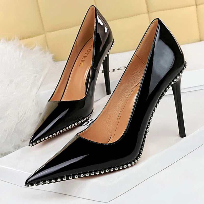 Rivet-Embellished Women's Pumps: New Collection of Stiletto High Heels in PU Leather