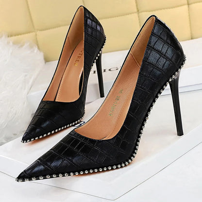 Rivet-Embellished Women's Pumps: New Collection of Stiletto High Heels in PU Leather