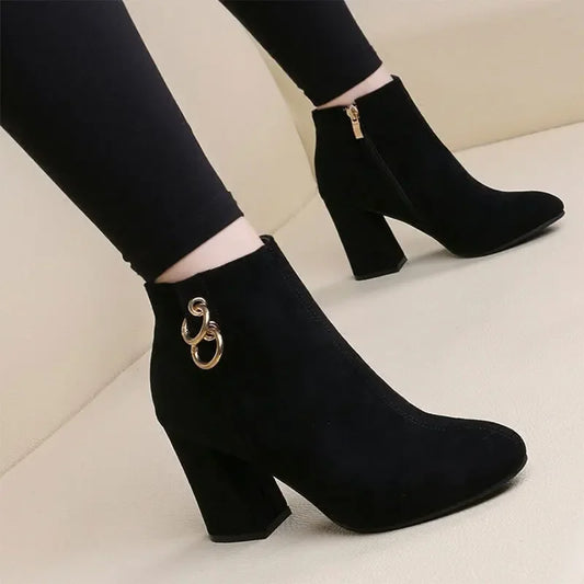 Retro Plush Warm  Winter Women's Boots Vintage Square Heels Ankle Zipper Boots Big Sizes 43